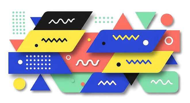 Vibrant retro 80s style background with geometric shapes offers a dynamic and playful design for branding, marketing, or creative projects