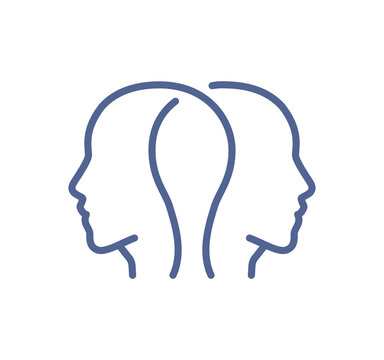 Dual human head profile icon, illustrating communication, shared thinking, psychology concepts, teamwork understanding, mental connection and collective intelligence flat vector illustration.