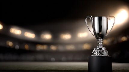 A prestigious soccer trophy illuminated under dramatic and atmospheric stadium lights. event key visuals, club posters, designed for sports event promotions and stadium branding.