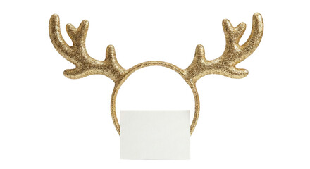 Golden glitter reindeer antlers headband holding blank card