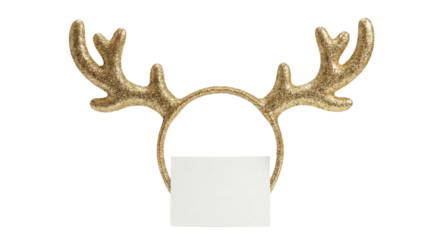 Golden glitter reindeer antlers headband holding blank card
