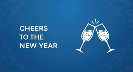 Cheers to the New Year celebration with clinking champagne glasses on a festive blue background, a joyful greeting for holidays and parties