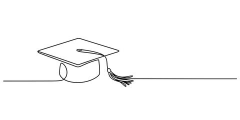 Minimalist continuous line art drawing of a graduation cap with a tassel, symbolizing academic achievement, success, and higher education journey. Vector, illustration