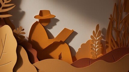 Paper cutout layered scene of man figure reading book