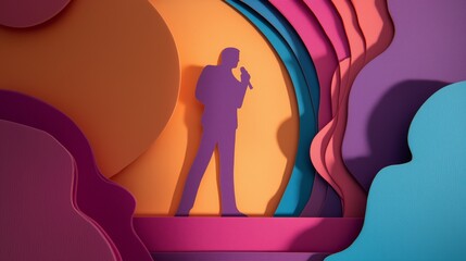 Paper cutout flatlay of speaker holding microphone, paper cut crafted design, public speaking concept