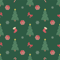 Classic Christmas Seamless Pattern on Green Background