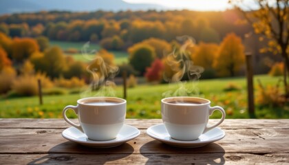 Obraz premium Cozy autumn coffee moments in nature warm sunlight views on a scenic landscape