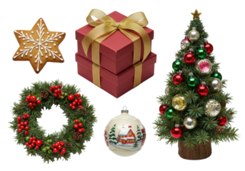 high-key luxury christmas still life flat lay: detailed gingerbread star, crimson and gold gift boxes, vintage bauble tree, and pine wreath on a transparent backdrop. concept for festive advertising