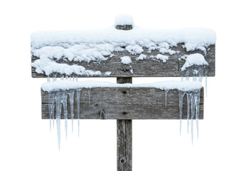 close-up macro photograph of a splintered, rustic wooden sign covered in thick, powdery snow and sharp, icy icicles, against a transparent studio void. concept template for winter advertising