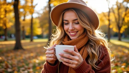 Cozy woman holding coffee in autumn sunlight warm park setting captivating lifestyle content