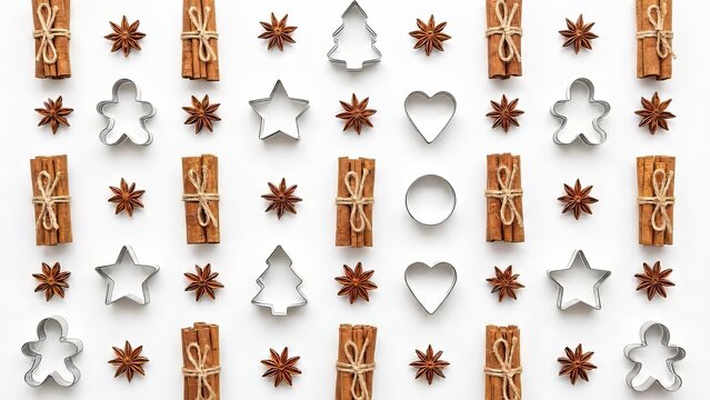 Festive baking prep flatlay with cinnamon sticks, star anise, and cookie cutters for holiday promotions and seasonal recipes on white background