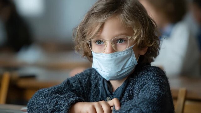 School child wearing face mask during a lesson in classroom setting focused on learning and safety amid ongoing health concerns with peers in the background