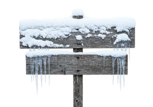 close-up macro photograph of a splintered, rustic wooden sign covered in thick, powdery snow and sharp, icy icicles, against a transparent studio void. concept template for winter advertising - Powered by Adobe