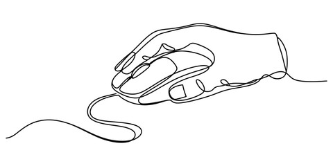 Continuous line drawing of a hand operating a computer mouse, a minimalist illustration symbolizing digital interaction, technology, and work. Vector, illustration