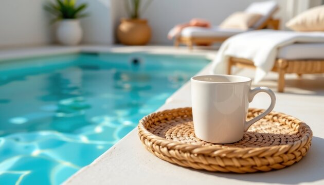 Cozy autumn coffee moments by the poolside warm sunlight relaxing vibe serene environment
