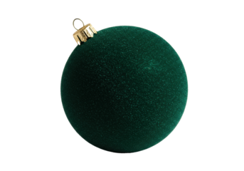 Macro close-up of a luxurious deep emerald green velvet christmas bauble with a polished 24k gold cap, isolated on a seamless transparent studio background. Festive luxury concept
