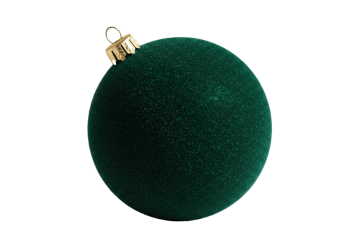 Macro close-up of a luxurious deep emerald green velvet christmas bauble with a polished 24k gold cap, isolated on a seamless transparent studio background. Festive luxury concept