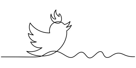 Minimalist continuous line art drawing of a stylized bird with a crown-like flame, symbolizing communication and dynamic online interaction. Vector, illustration