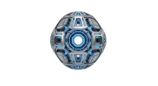 Futuristic glowing metallic orb isolated on transparent background