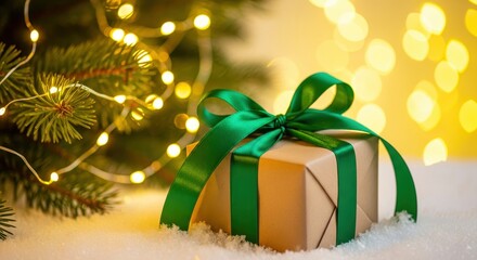 A beautifully wrapped christmas gift with a shiny green ribbon sits in the snow near a decorated evergreen tree
