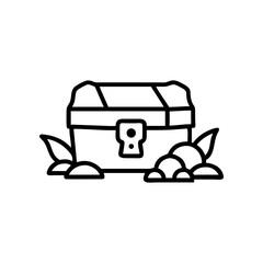 A simple treasure chest surrounded by rocks and leaves on transparent background