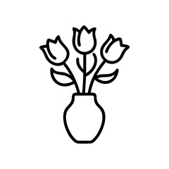 Three tulips in a vase black and white line art on transparent background