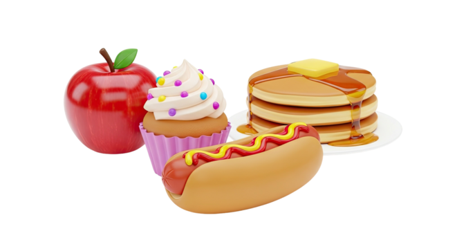 Stylized cartoon food items apple cupcake pancakes hot dog render
