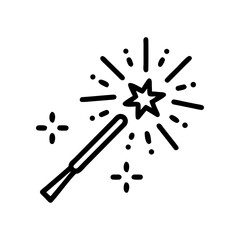 Outline drawing of a magic wand with starbursts on transparent background