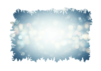 Symmetrical frame of glowing, highly detailed crystalline white snowflakes, macro perspective on a soft icy blue background with vibrant bokeh and central copy space, concept of pristine winter