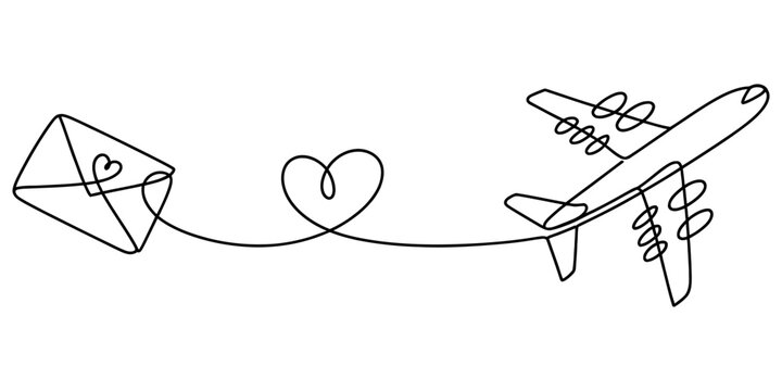 Continuous line art illustration of an airplane with a trail forming a heart and connecting to an envelope, symbolizing global love delivery Vector, illustration
