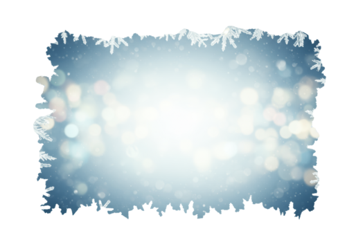 Symmetrical frame of glowing, highly detailed crystalline white snowflakes, macro perspective on a soft icy blue background with vibrant bokeh and central copy space, concept of pristine winter