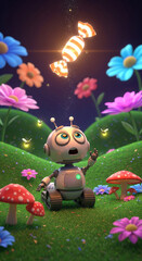 Naklejka premium Whimsical Robot's Sweet Surprise: Glowing Candy in Magical Garden. AI Generated