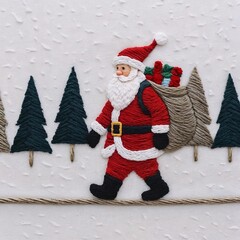 Hand-stitched Santa Claus carrying gift sack walking through wintry forest scene on fabric