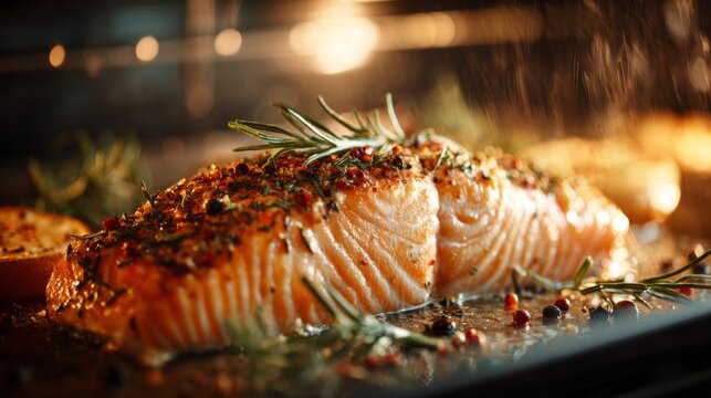 Freshly Baked Salmon with Herbs and Spices, Glazed to Perfection in Oven, Garnished with Rosemary and Aromatic Ingredients for Culinary Delight