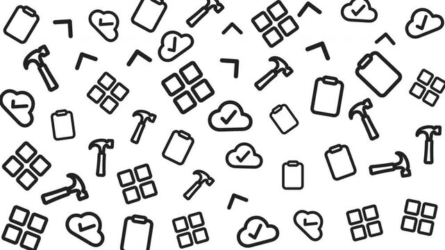 Seamless Pattern Design Featuring Tools, Clouds, and Geometric Shapes in Black and White Illustration