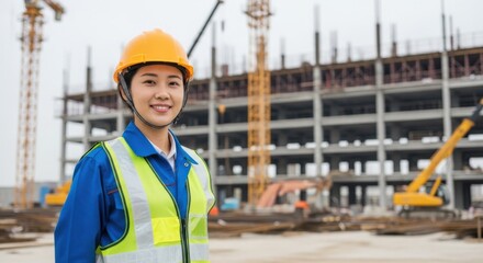 Confident and smiling Asian female engineer wearing a hard hat and safety vest at a large construction site. Professional women, industry, engineering, and career diversity concept.