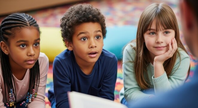 Close-up of three diverse elementary school children listening intently to a story or lesson during a group activity. Early education, learning, childhood, and diverse collaboration concept.