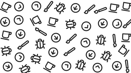 Seamless digital technology icons pattern with clocks, magnifying glasses, bugs, and laptops illustrating cybersecurity and time management concept - Powered by Adobe