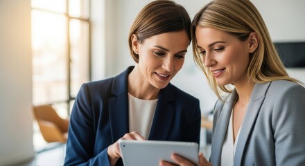 Two happy professional businesswomen discussing data and looking at a digital tablet in a bright, modern corporate office. Partnership and technology concept.