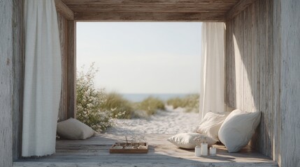 Wooden porch with a view of the ocean. the porch is made of light-colored wood and has a wooden floor.