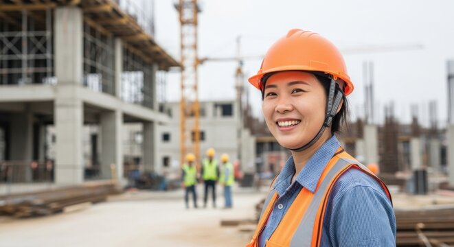 Smiling young Asian female engineer or architect wearing a hard hat and safety vest on a large construction site. Professional woman, career, and development concept.
