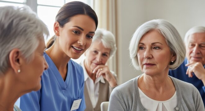 Smiling female caregiver or nurse talking to a group of senior residents in an assisted living facility. Elder care, health, and community concept.