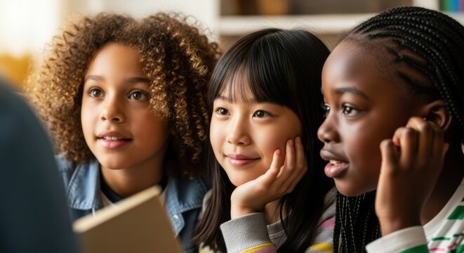 Three diverse young schoolgirls (African American, Asian, mixed race) attentively listening to a teacher or storyteller, symbolizing multicultural education, friendship, and childhood learning.