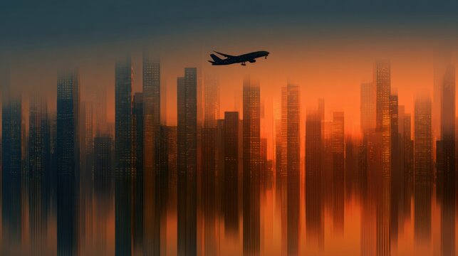 Airplane flying over city skyline at sunset