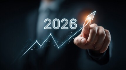 Businessperson interacting with a digital interface showing an upward trending financial graph