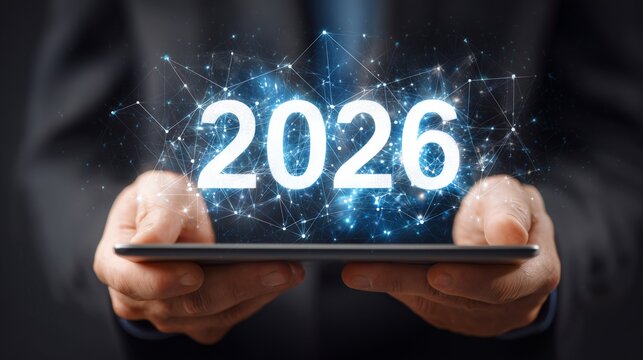 Close up of businessman presenting the year 2026 as a concept of future innovation and digital transformation