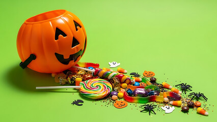 Colorful Halloween candy spilling from a pumpkin pail