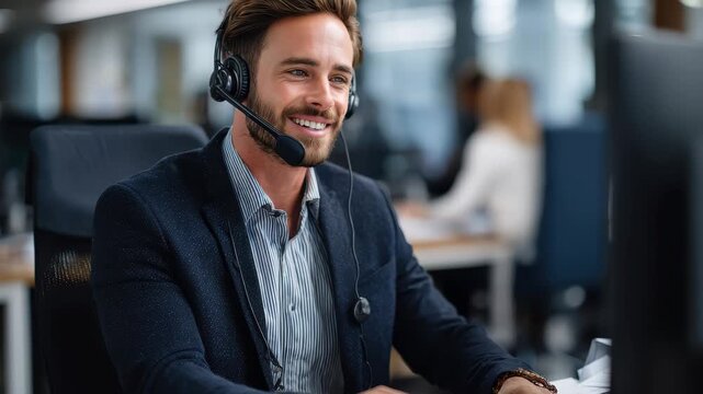 Male customer services agent working in modern call center environment, assisting clients while using a headset and computer during a busy workday