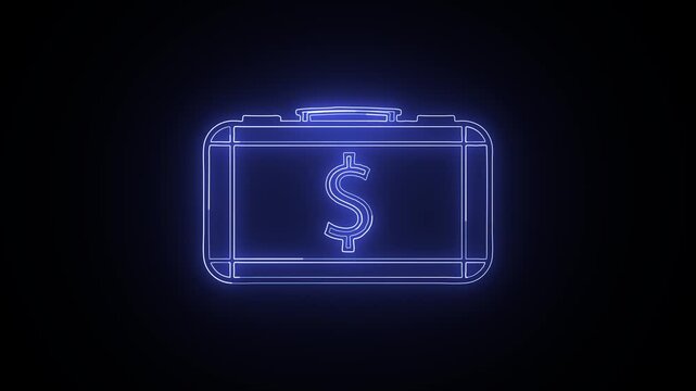 Neon Briefcase with Dollar Sign Animation on Black Background.