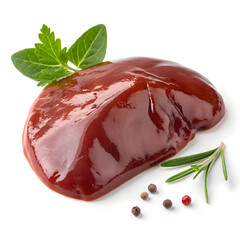 Raw chicken liver single piece isolated on white background presenting fresh poultry ingredient rich in protein for cooking, recipes,